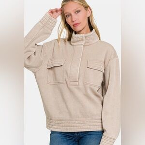 Zenana Acid Washed Half Snap Fleece Sweatshirt